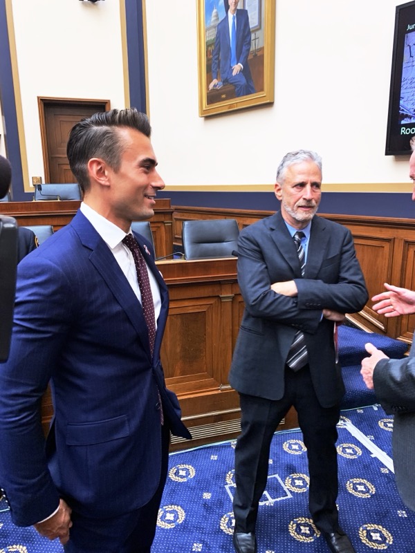 Christopher J. Baione with Jon Stewart at the House Judiciary Committee hearing on the 9/11 Victims Compensation Fund
